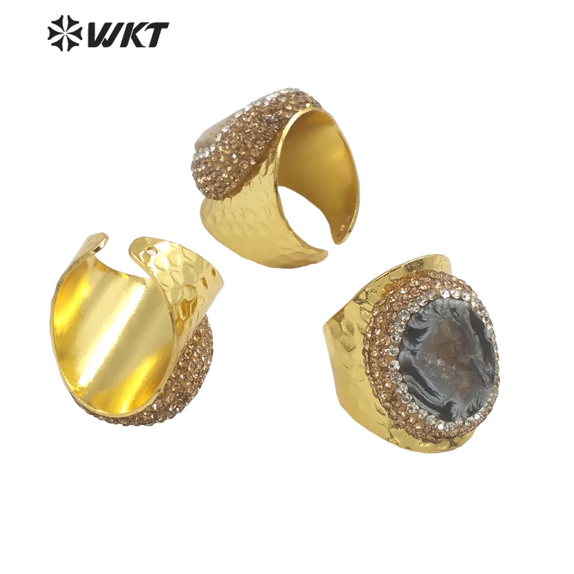 WT-R446 Amazing 18k Gold Plated Resist Tarnishable Natural Geode Agate Ring Women Wide Band Stone Cocktail Ring
