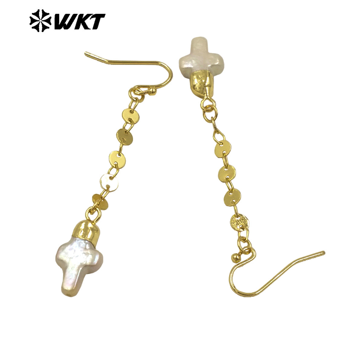 WT-MPE144 Small Religious 18K Gold Plated Natural Pearl Long Chain Cross Shaped Earrings Women's Delicate Jewelry Accessories