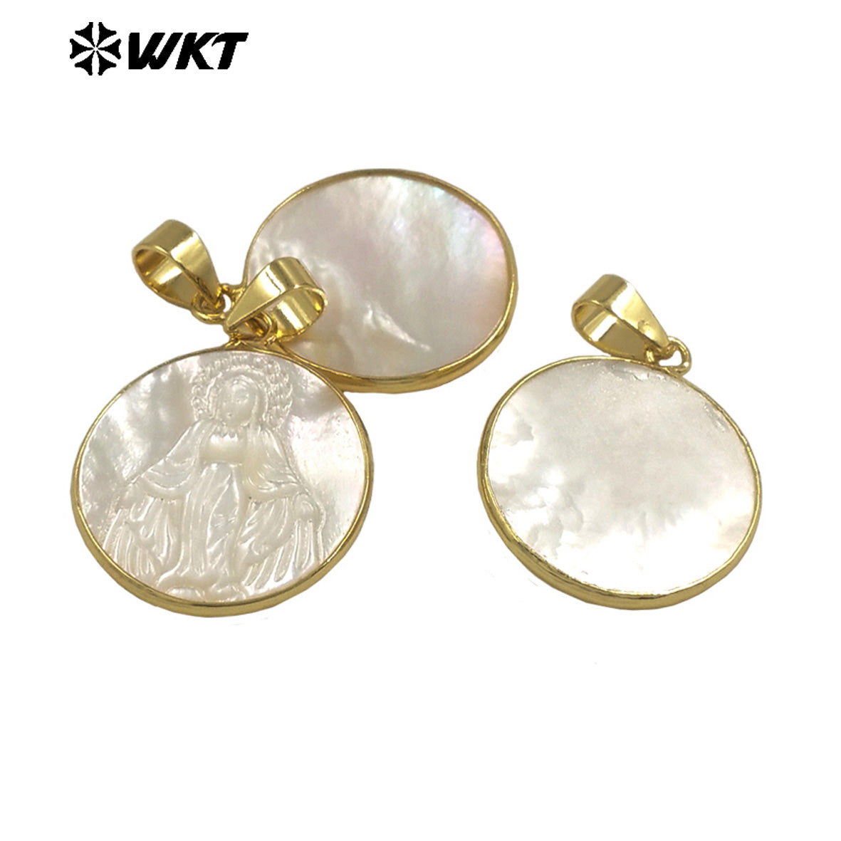 WT-JP042 New Arrival White Shell Virgin Mary Jesus Christ Pattern Round Metal Electroplated for Women Jewelry Shape Pendants