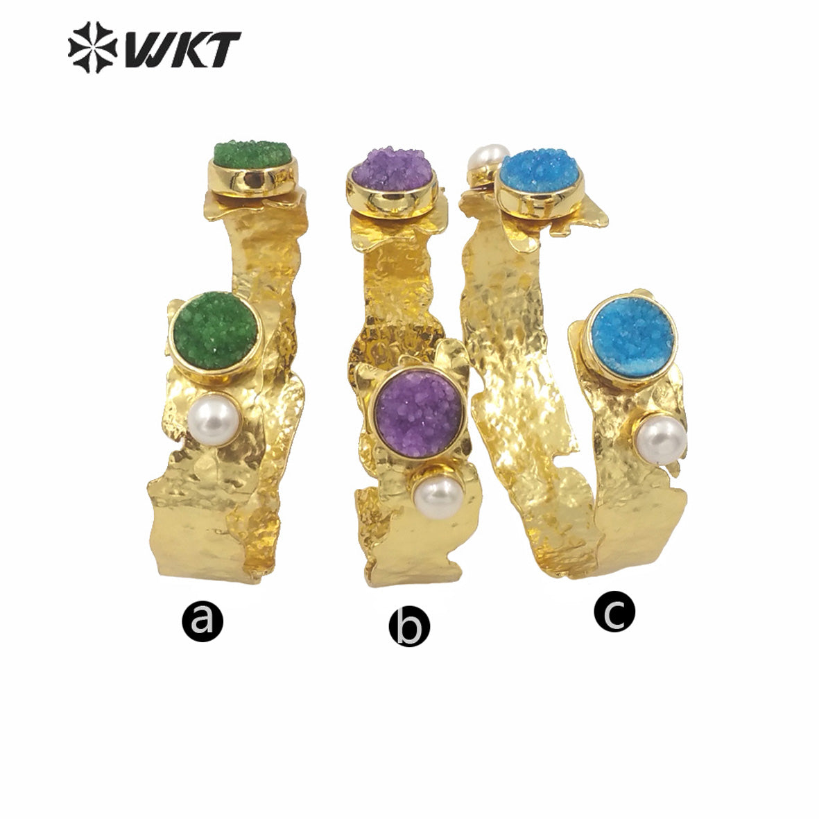 WT-B565 Wholesale Women Gold Electroplated Double Druzy Stone Bangle New Popular Irregular Gold Brass Druzy Quartz Stone Bangle