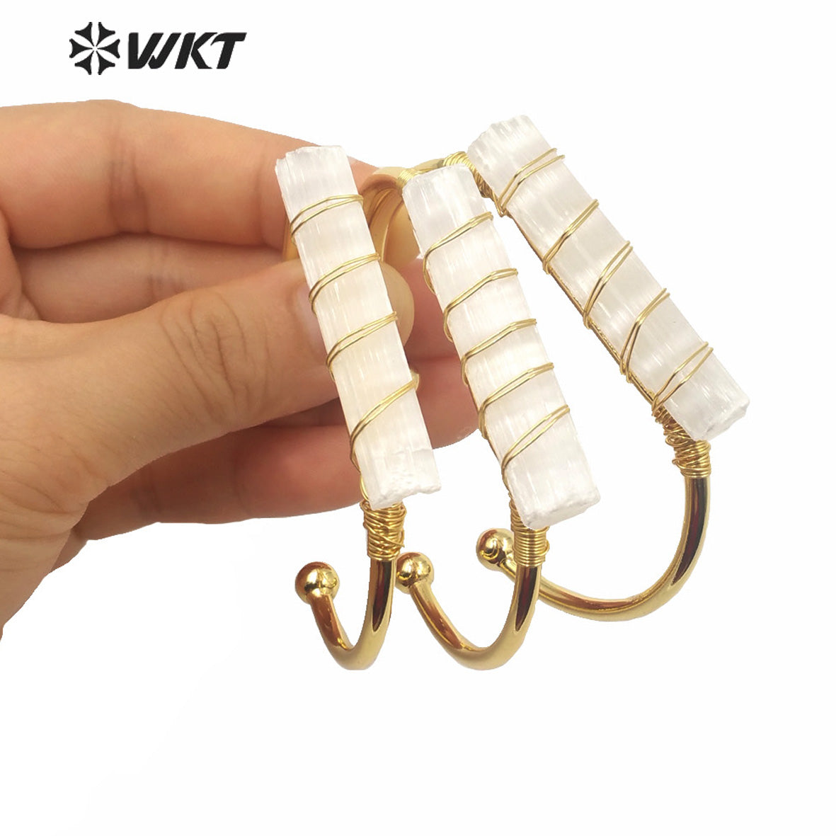 WT-B567 Wholesale Fashion Women Gold Electroplated Wire Wrapped White Selenite Open Bangle Adjustable Gold Natural Stone Bangle
