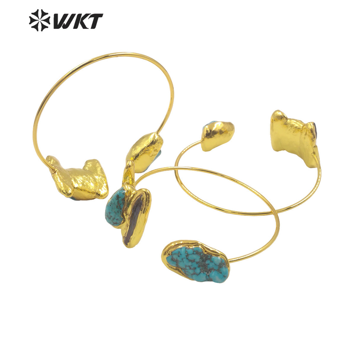 WT-B655 Wholesale Fashion 18K Real Gold Plated Made With Black Pearl and Turquoise Stone Bangle in Adjustable Boho Style