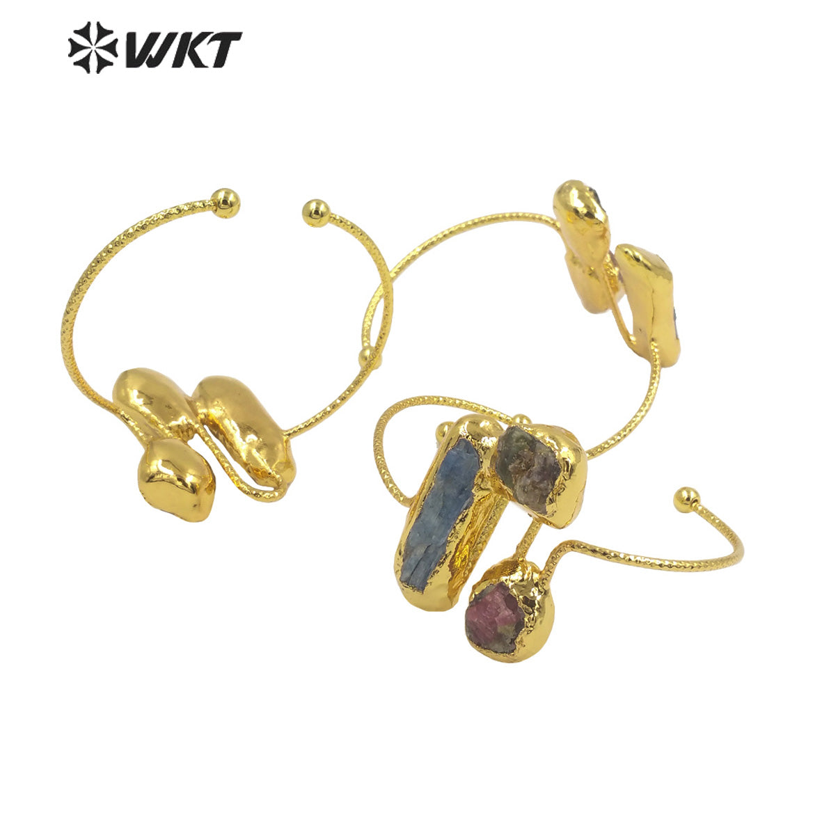 WT-B621 Gorgeous Fashion Triple Natural Stone Bangle Open Size Cuff Adjustable Kyanite Bangle Handmade Gold Anniversary Gift