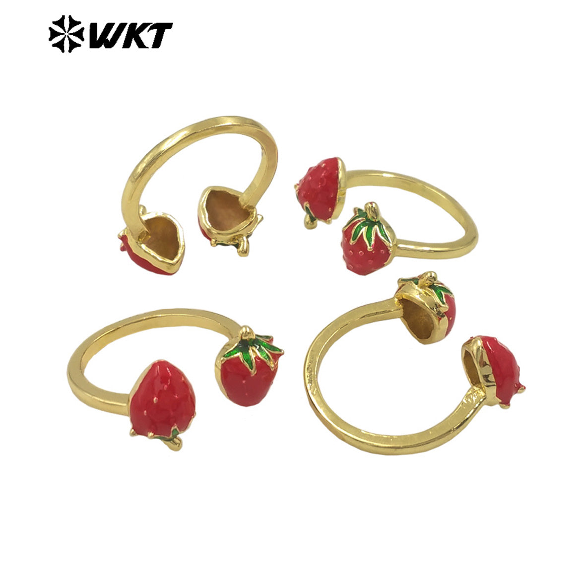 WT-RF009 Delicate Fruit Series Ring Yellow Brass With Drop Oil Double Strawberry Charms Adjustable Women Fashion Jewelry