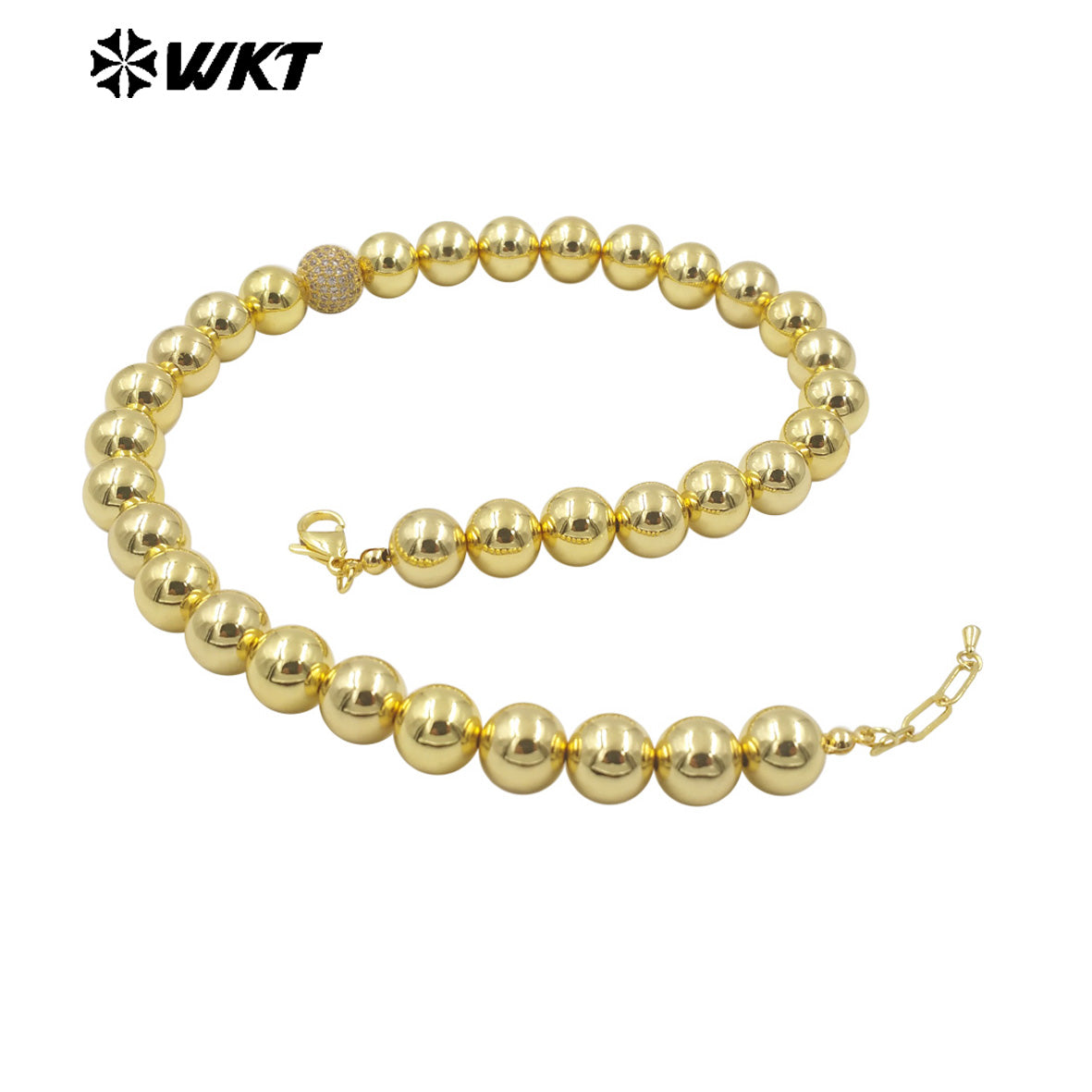 WT-JFN19 Wholesale New Handmade 12MM Big Round Brass Beads Fashion Lady Simple Cool 18k Real Gold Plated Metal Necklace