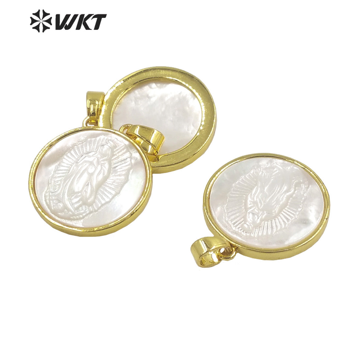 WT-JP321 Wholesale Fashion Gold Plated Mother of Pearl Religion San Benito Jewelry Pendant 20mm Round Shell Maria Vigen Pendants