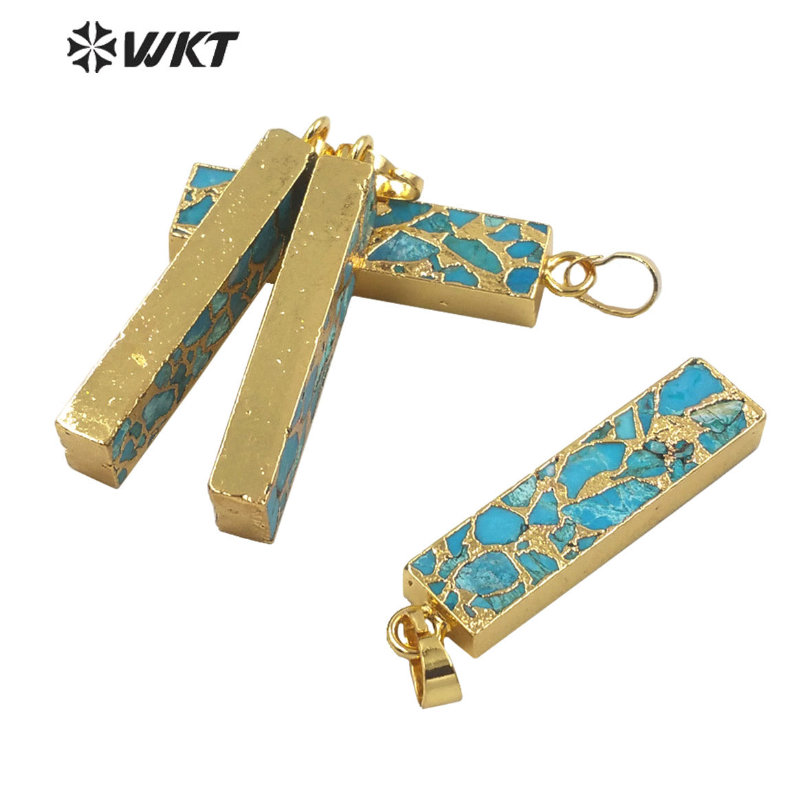 WT-P1697 Wholesale Natural New Copper Turquoise Long Bar Pendant Gold Electroplated Trim Rectangle Stone Pendant Jewelry