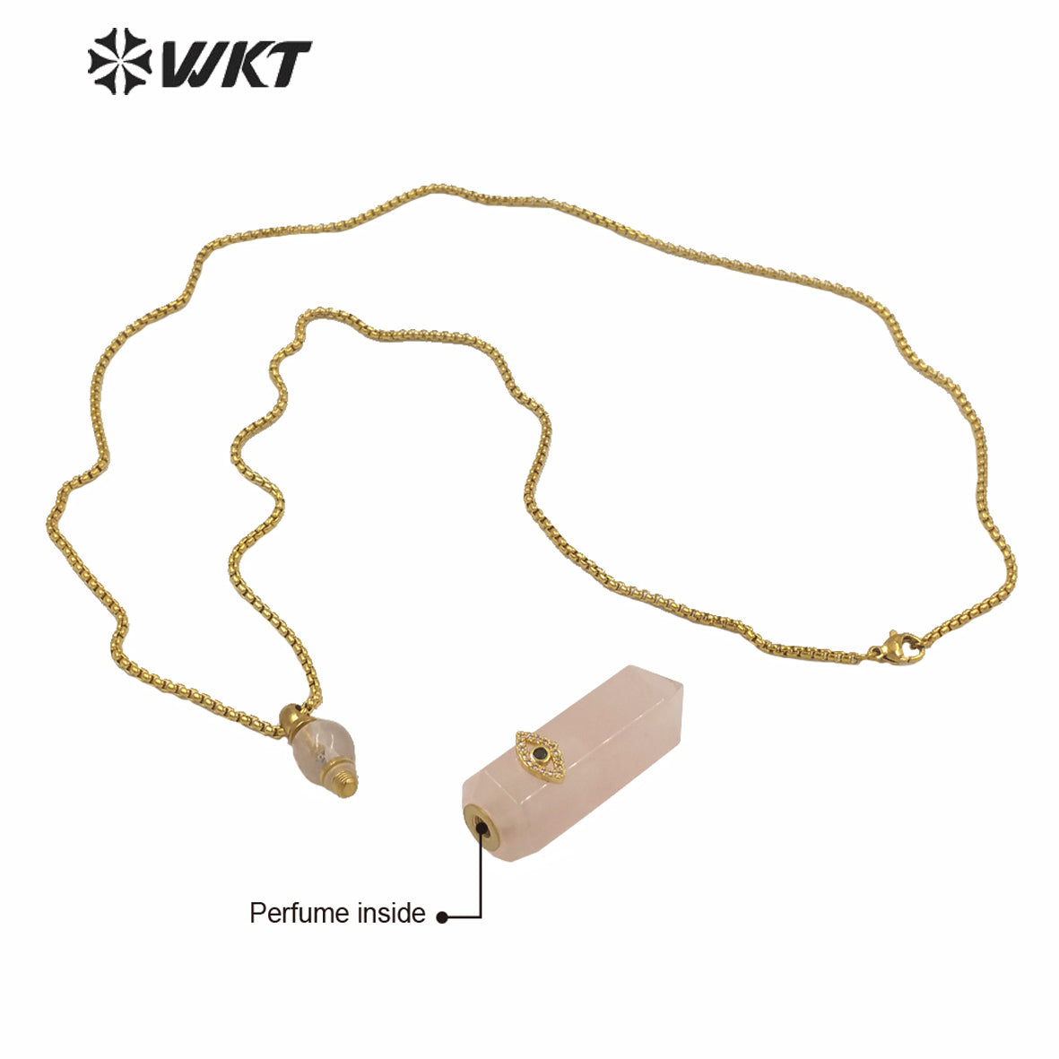 WT-N1248 New Design Hot Sales Hexagon Cube Shape Spirit Quartz Gemstone Perfume Bottle Necklace with Eye Charm for Women