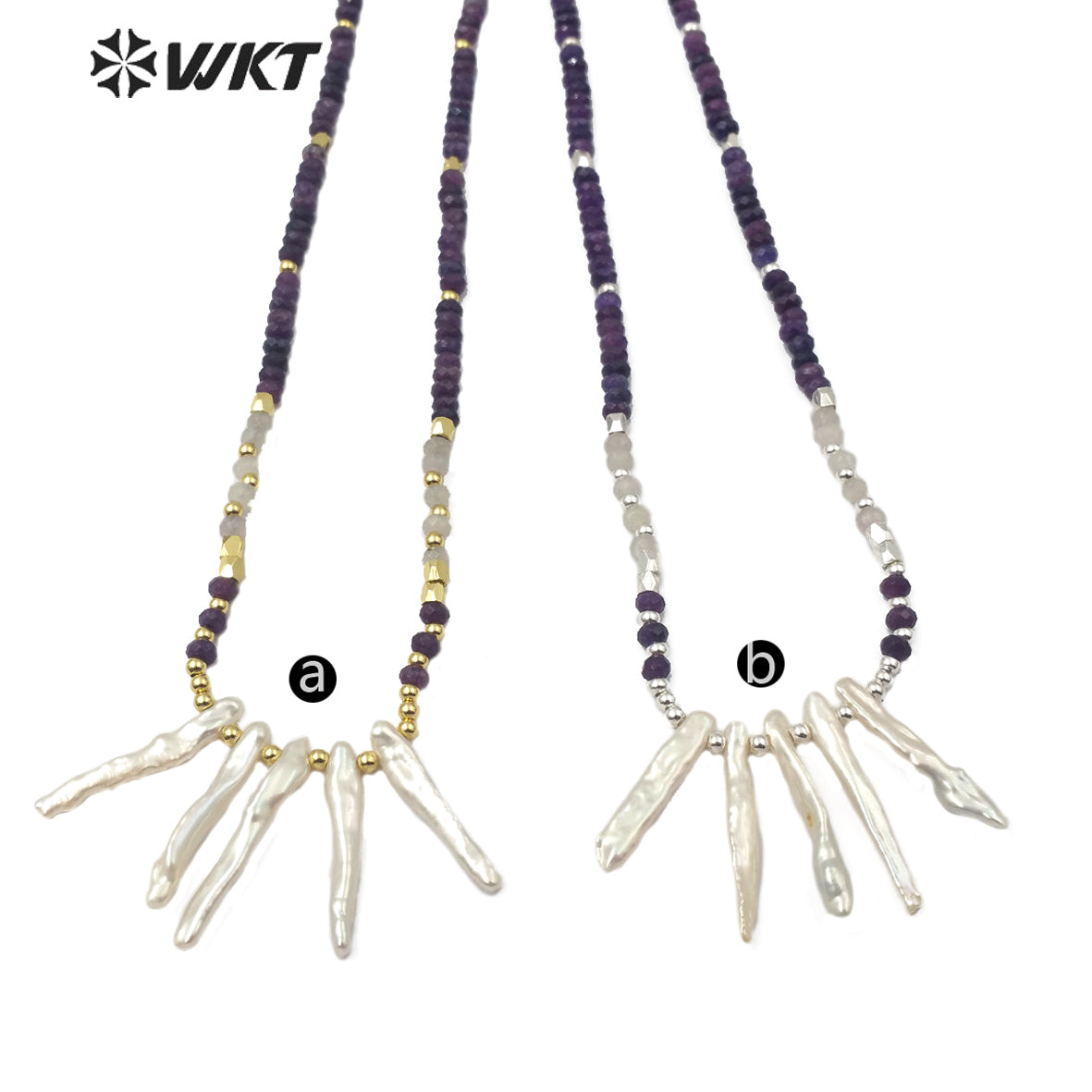 WT-JN105 Wholesale Natural Pearl Pendant Necklace With 3mm Amethyst Beads 3mm Brass Beads Chain Themed Pendant in Randomly Shape
