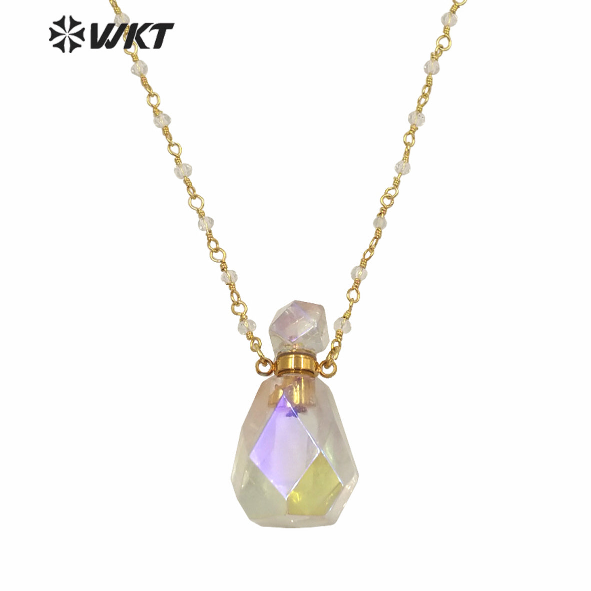 WT-N1235 NEWEST WKT Fashion Gold Electroplated Faceted Aura Crystal Quartz Point Perfume Bottle Necklace As Gift