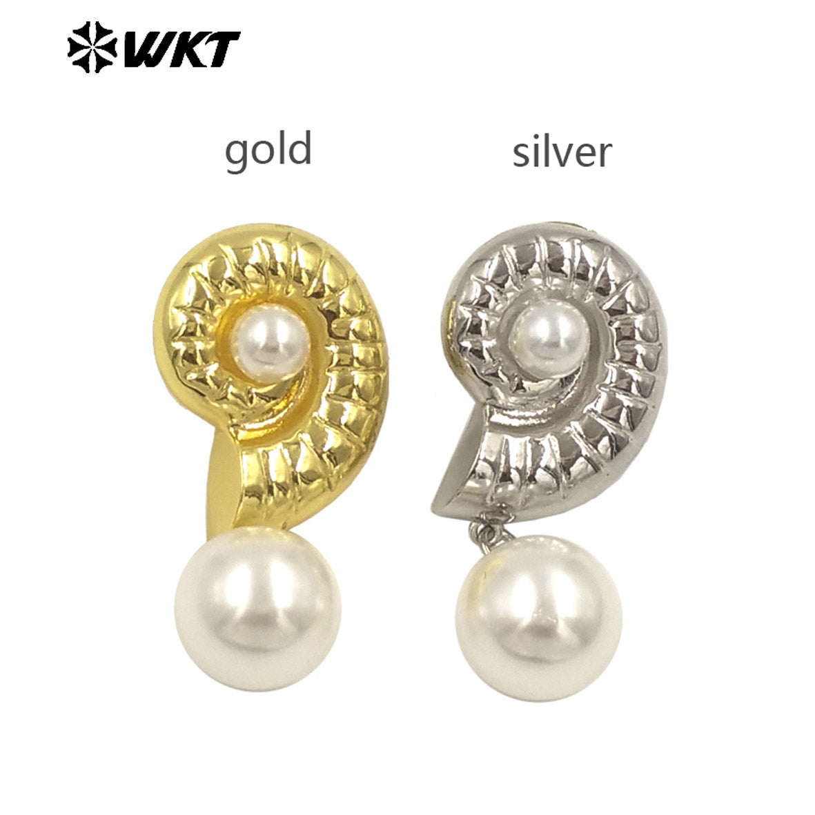 WT-ME132 Fashion Gold And Silver Plated Shell Shape Double Designs Brass With Artificial Pearl Earrings For Women Daily Wearing