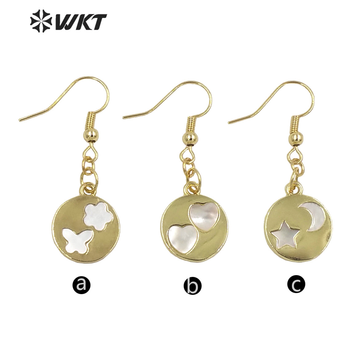 WT-MPE082 Wholesale Fashion Gold Bezel Shell Made Round Earrings Unique Star Moon Pendant Earrings Lovely White Shell Earrings