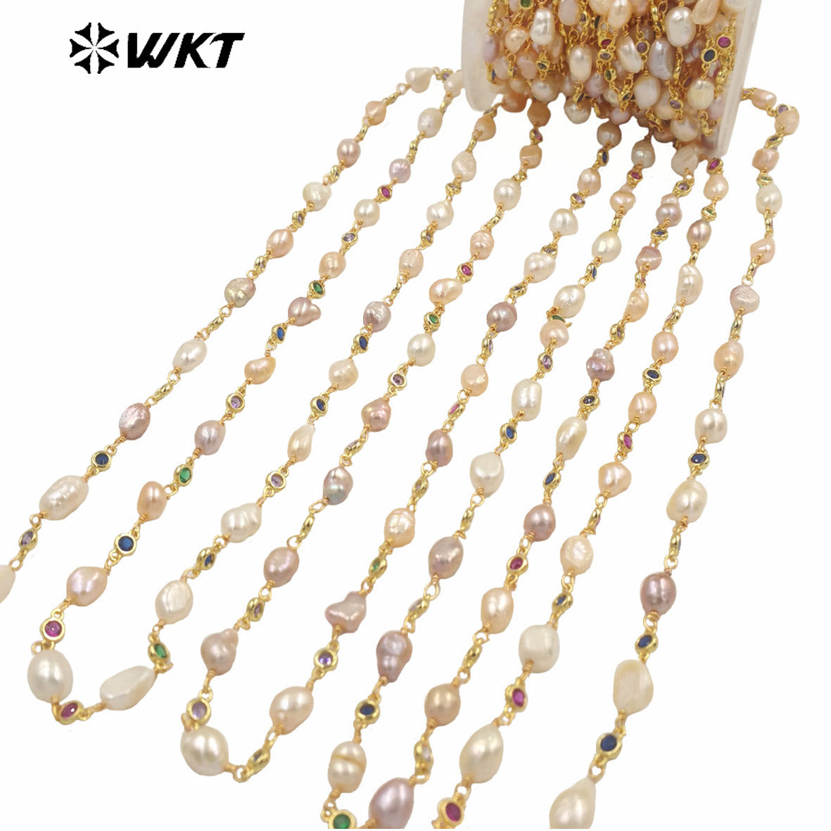 WT-RBC218 Wholesale Precious Handmade Natural Irregular Pearl Mix Colorful Cubic Zircon Beads Chain for Jewelry Design by Meters