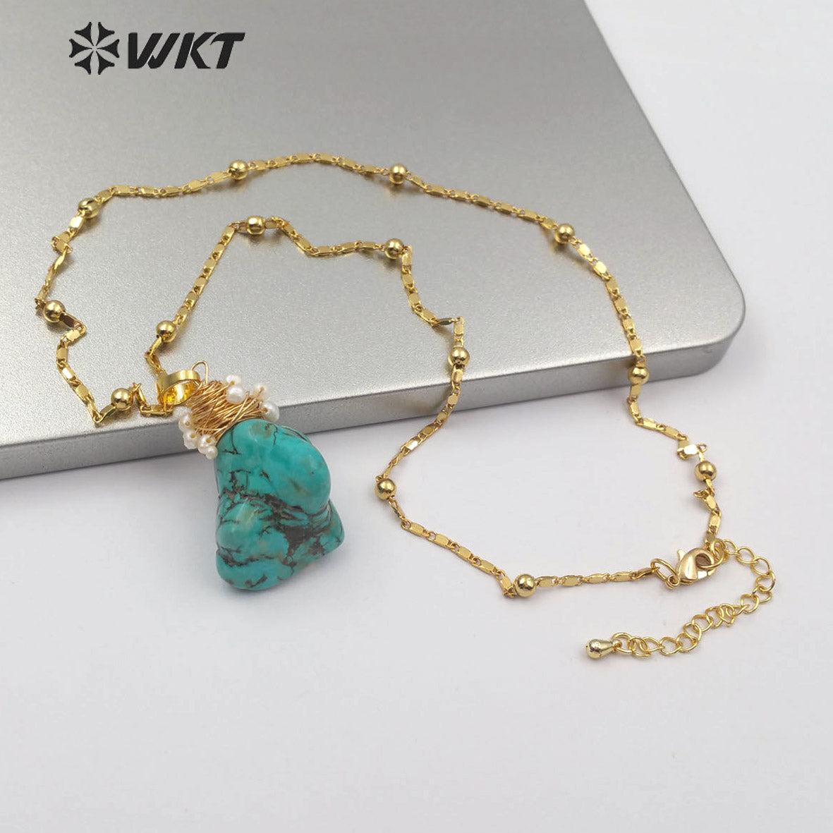 WT-N1153 Natural Turquoises Stone Necklace Howlite With Wire Wrapped Pendant White Beaded Charm Women Fashion Necklace Jewelry