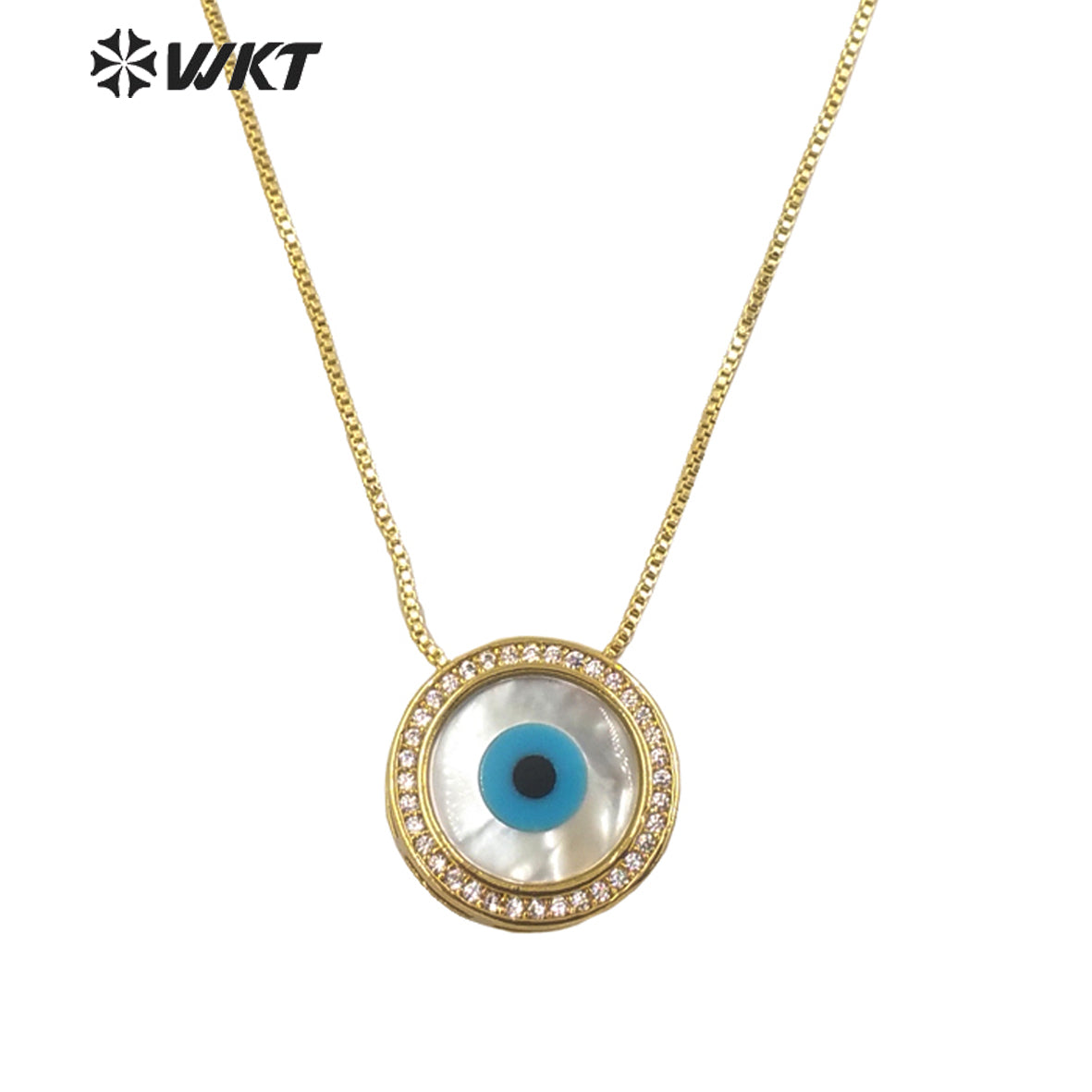 WT-MN970 Fashion 18k Real Gold Plated Micro Pave Cubic Zircon Natural Round Shell Eye Pendants Necklace Charming Eye Necklace