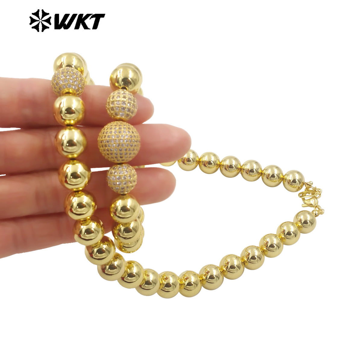 WT-JFN19 Wholesale New Handmade 12MM Big Round Brass Beads Fashion Lady Simple Cool 18k Real Gold Plated Metal Necklace