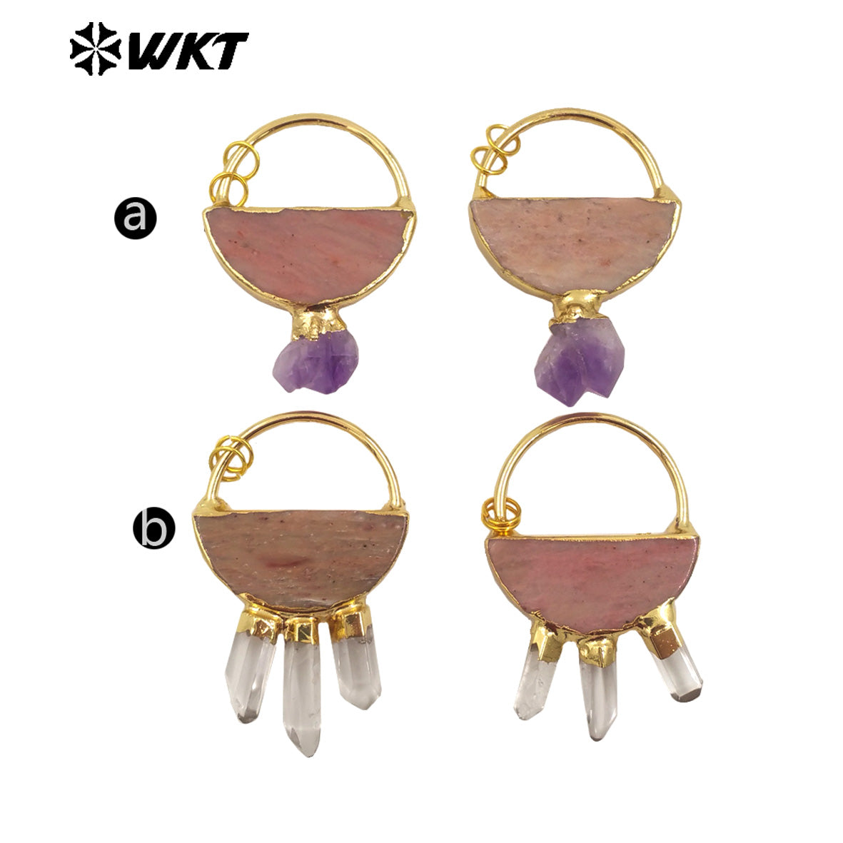 WT-P1969 WKT Unique Design Natural Stone Carved Half Circle Slice Rhodonite With Amethyst Quartz Pendant