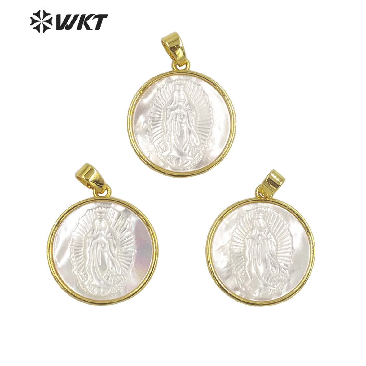 WT-JP321 Wholesale Fashion Gold Plated Mother of Pearl Religion San Benito Jewelry Pendant 20mm Round Shell Maria Vigen Pendants