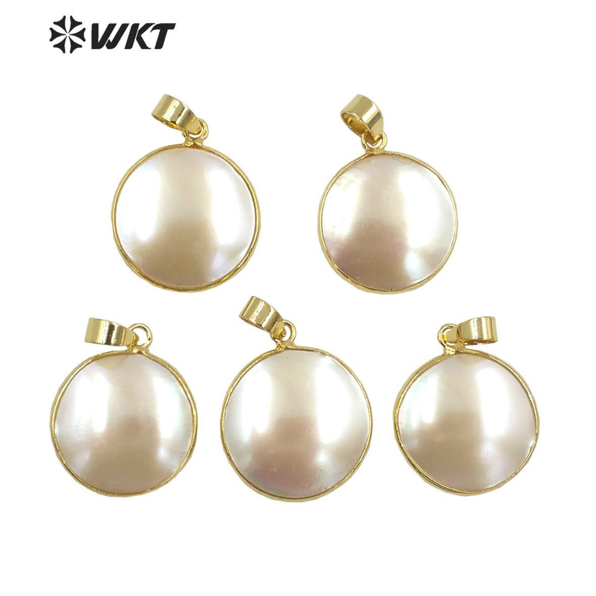 WT-JP354 Amazing Brightly Round Natural Mabe Gold Bezel Resist Tarnishable Shell Pendants for Necklace Design