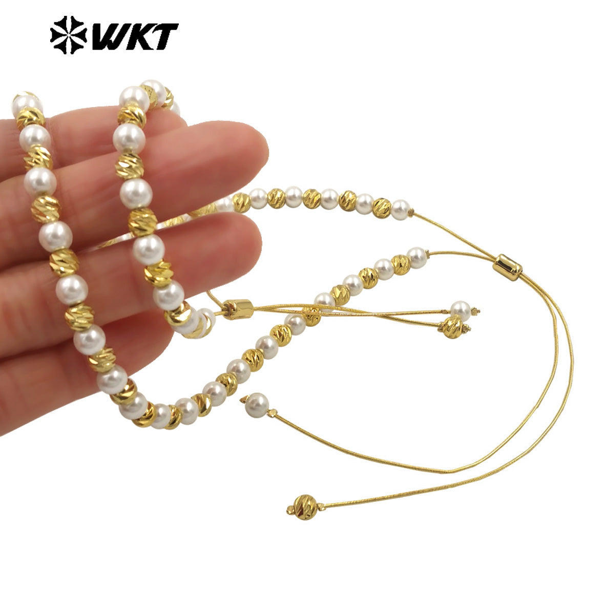 WT-JF352 Wholesale Fashion 18K Gold Plated Pearl and Hammer 6mm Beads Hand Strand Chain Bracelet