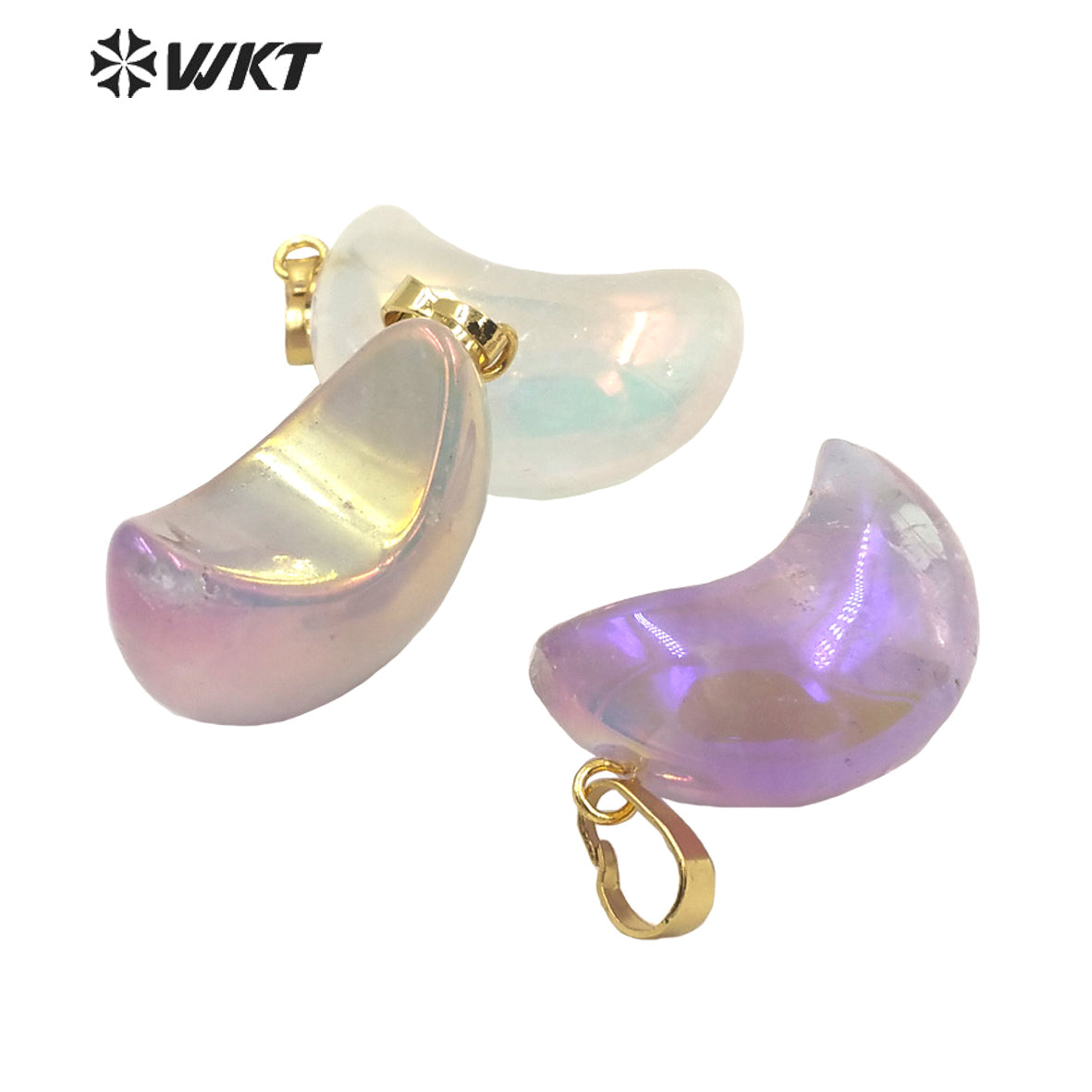 WT-P1708 Wholesale Fashion Elegant Natural Aura Gemstone Half Moon Jewelry Pendant Small Crystal Angel Moon Stone Pendant