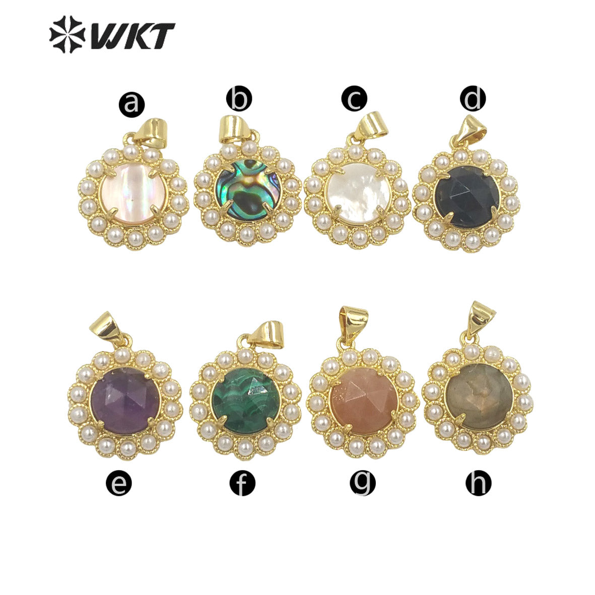 WT-JP358 Wholesale Fashion Gold Plated Stone With Claw Setting Artificial Shell Pearl Around Labradorite Gemstone Pendants