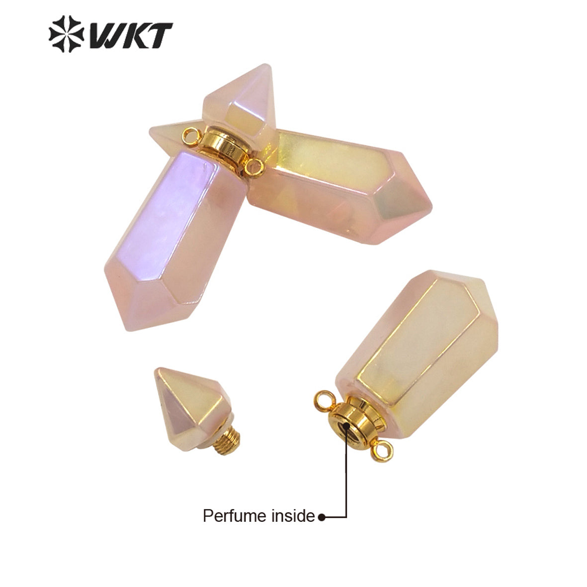 WT-P1650 Amazing Double Point pink Aura Stone Perfume Bottle Pendant Long Spirit Quartz Stone Necklace Pendant for Girl Friend