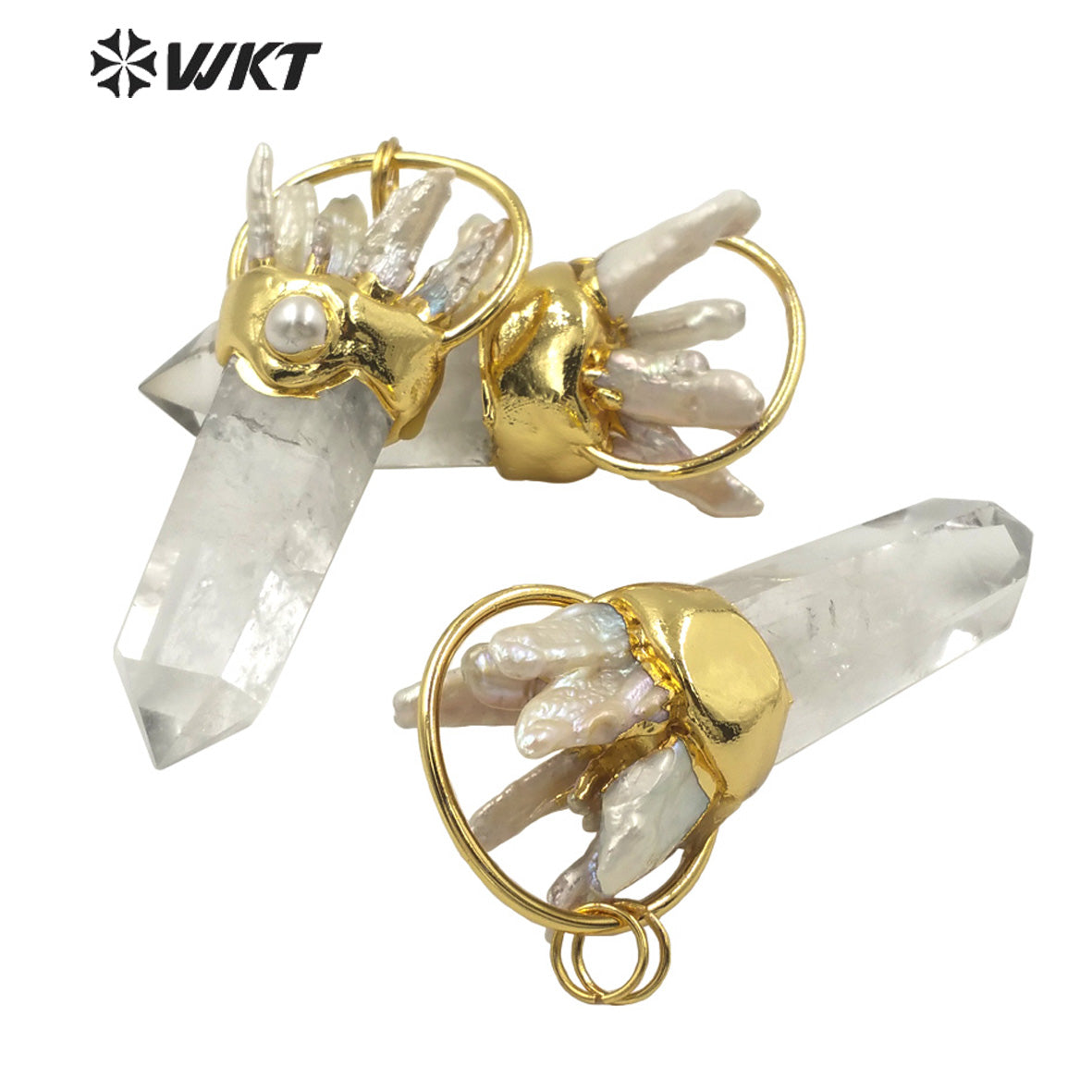 WT-P1625 Amazing Natural Real Gold Plated Spirit Quartz Pendant Women Big Chunky Crystal Pearl Point Stone Pendant