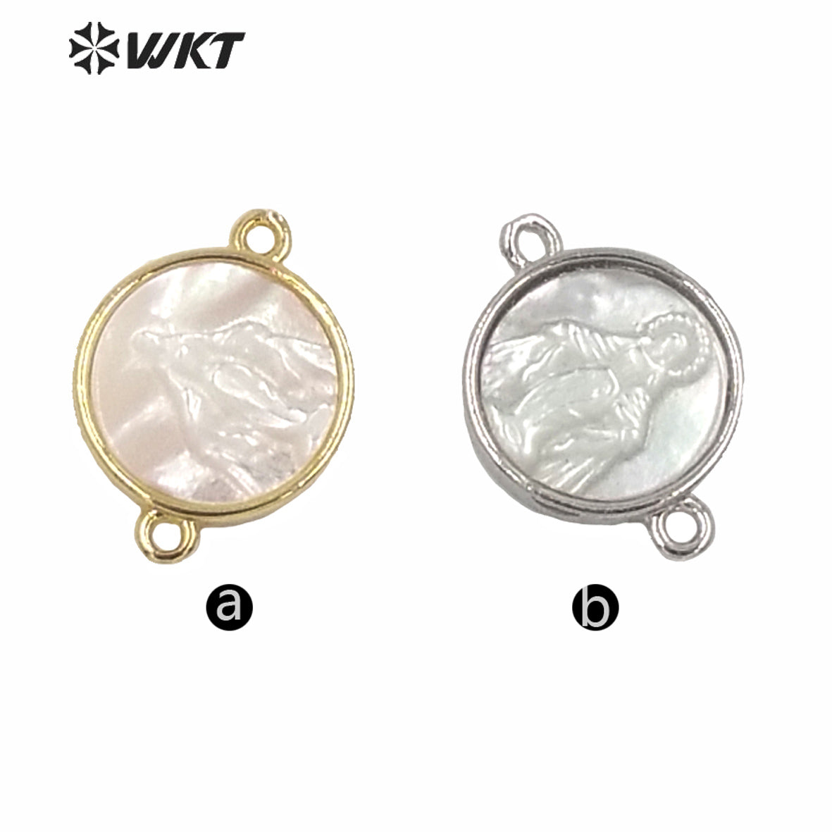 WT-MP170 Religious Design Gold Guadalupe Pendant Gold Metal Bezel Setting White Pearl Shell Connectors Tiny Charm Jesus Pendant