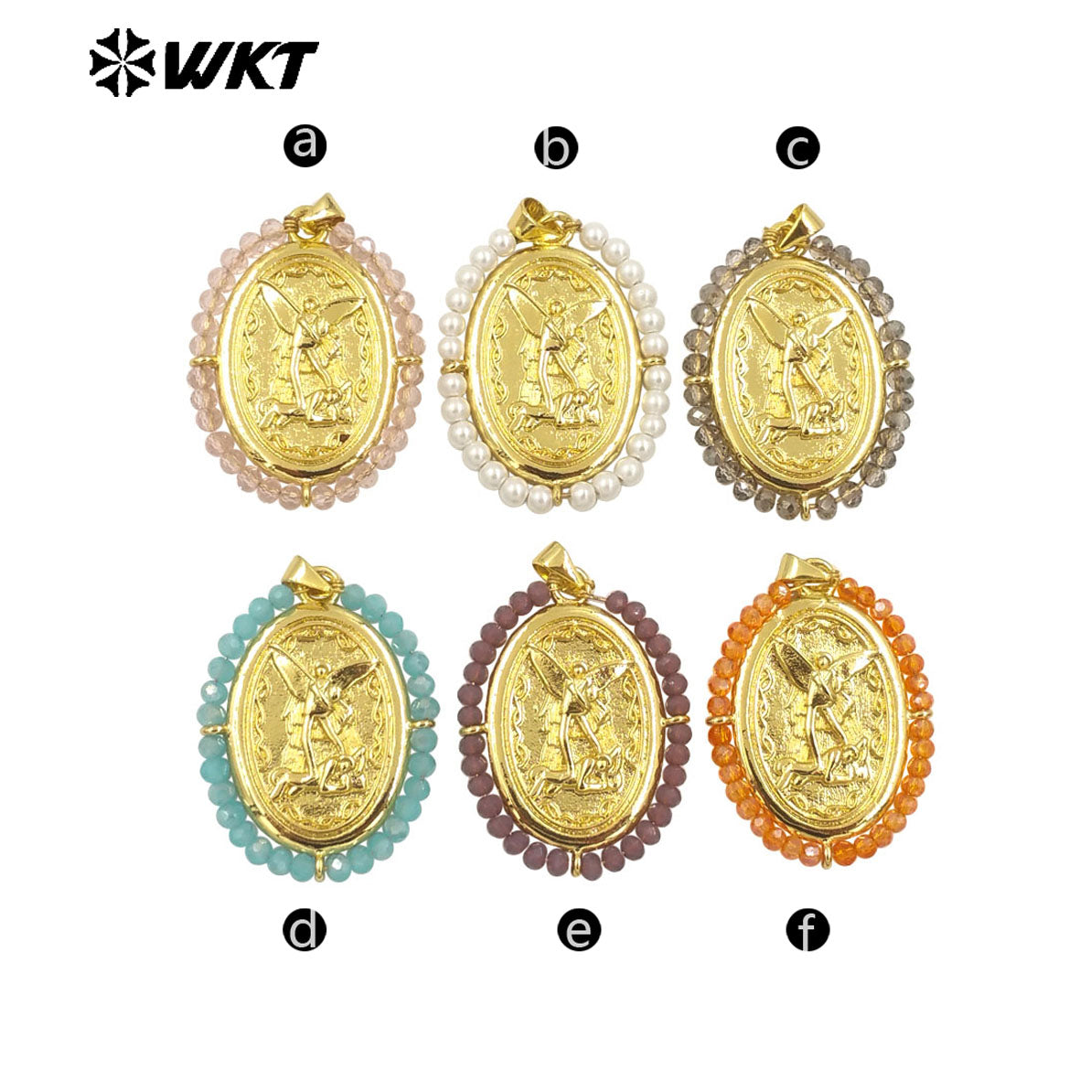 WT-MN990 Fashion Women 18K Real Gold Plated Oval Shape Crystal Wire Wrapped Guardian Angel Necklace for Christian