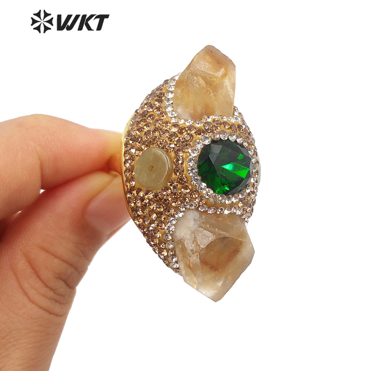 WT-R436 Wholesale Fashion Gold Natural Stone Cigar Ring Handmade Rhinestone Pave Yellow Citrine Lucky Energy Jade Stone Ring