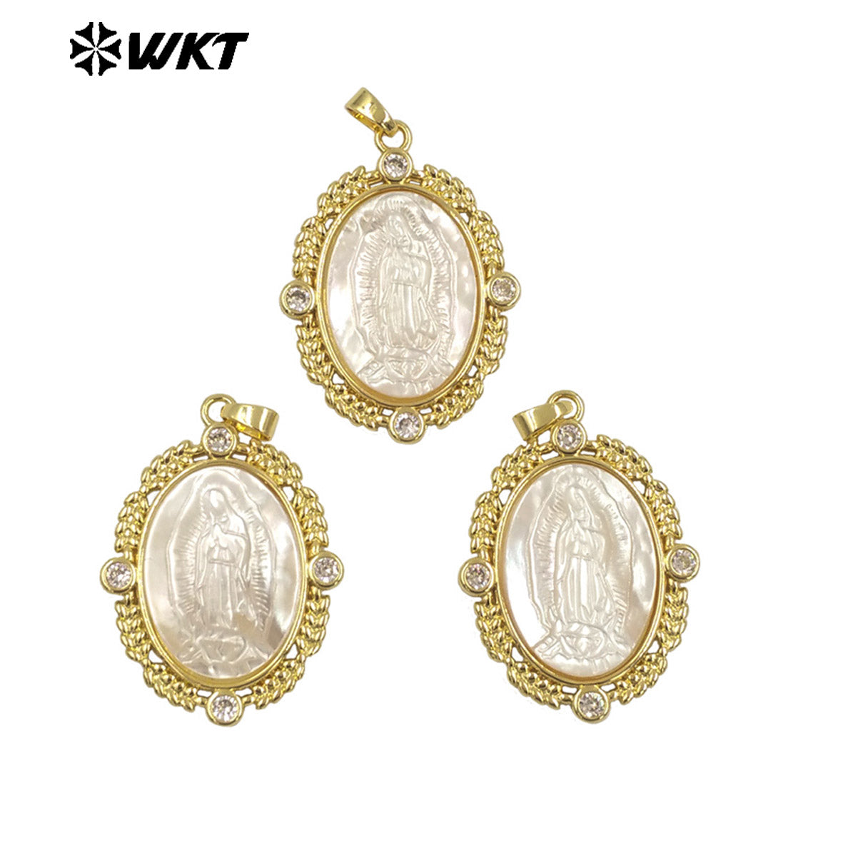 WT-JP369 Amazing WKT Exclusive 18K Gold Plated Bezel Setting Zircon Charm Around Handmade Carved White Shell Virgin Mary Pendant