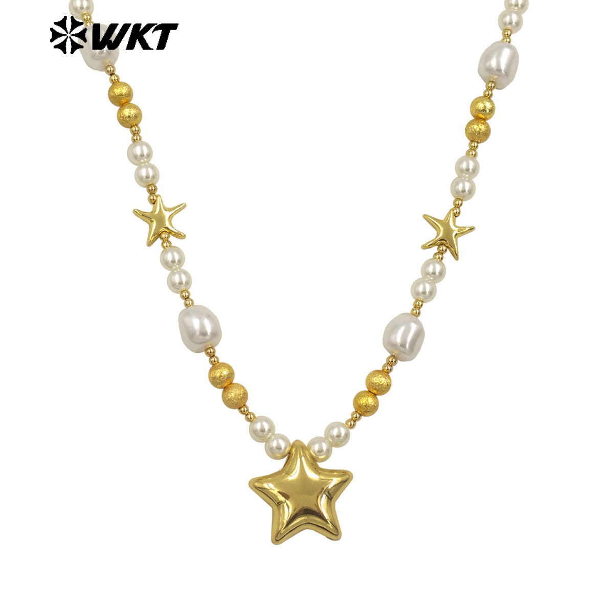 WT-JN287 WKT Natural Yellow Brass Artificial Pearl Star Shape Gold and Silver 16 Inch Necklace for the Girl As Birthday Gift