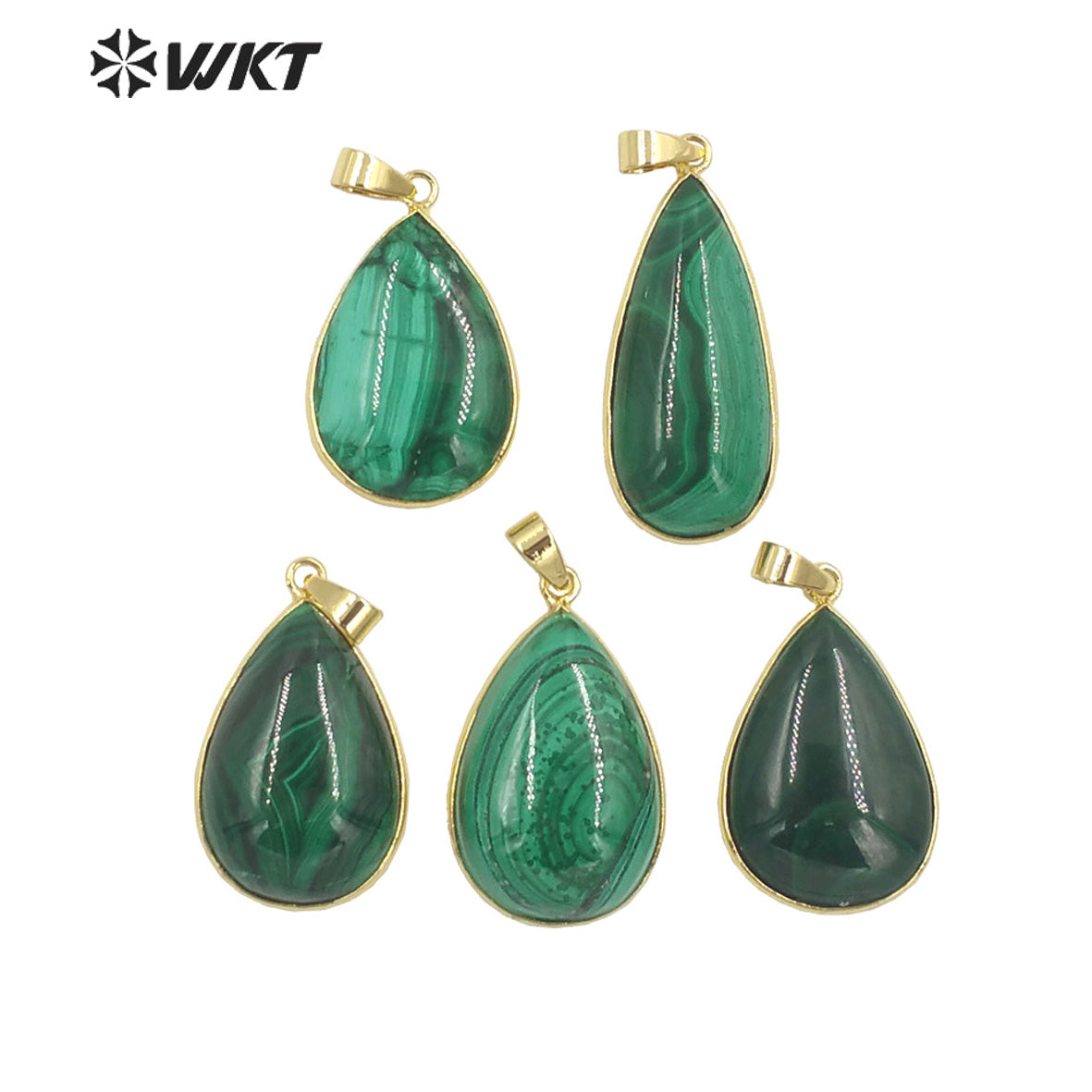 WT-P1861 WKT Newest Precious Natural Green Stone Pendant Randomly Size Teardrop Pendant 18k Gold Plated Bezel Malachite Pendant
