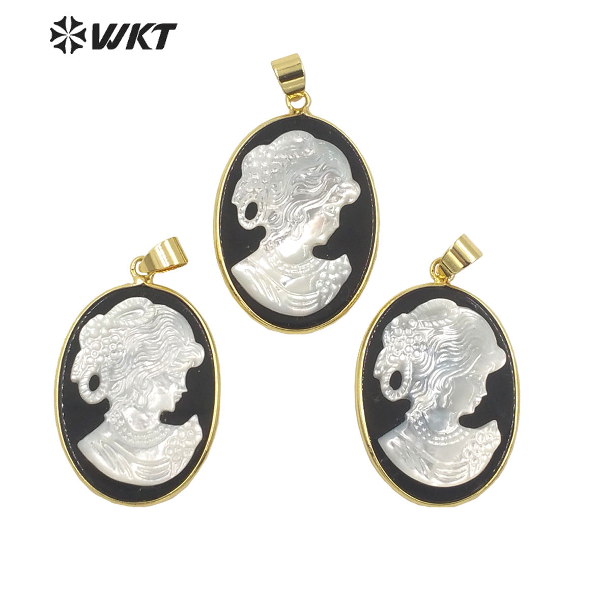 WT-JP268 New Design Oval Black Agate Back Ground with MOP Beauty Image Pendant Gorgeous Hand Carve Gold Bezel the Beauty Pendant