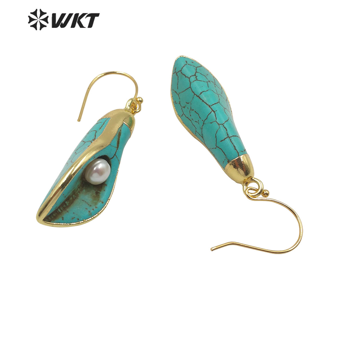 WT-E605 Fashion Natural Turquoise Earring With Pearl Charm Speaker Shape Flower Earring Turquoise Hoop Earrings