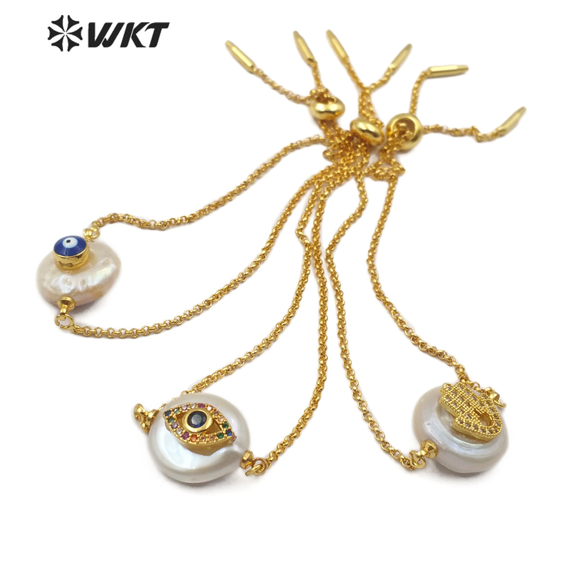 WT-MB111 Wholesale Pearl Gold Bracelet Pearl With CZ Stone Pave Eye Pattern and Hand Pattern Fashion Charm Bracelet
