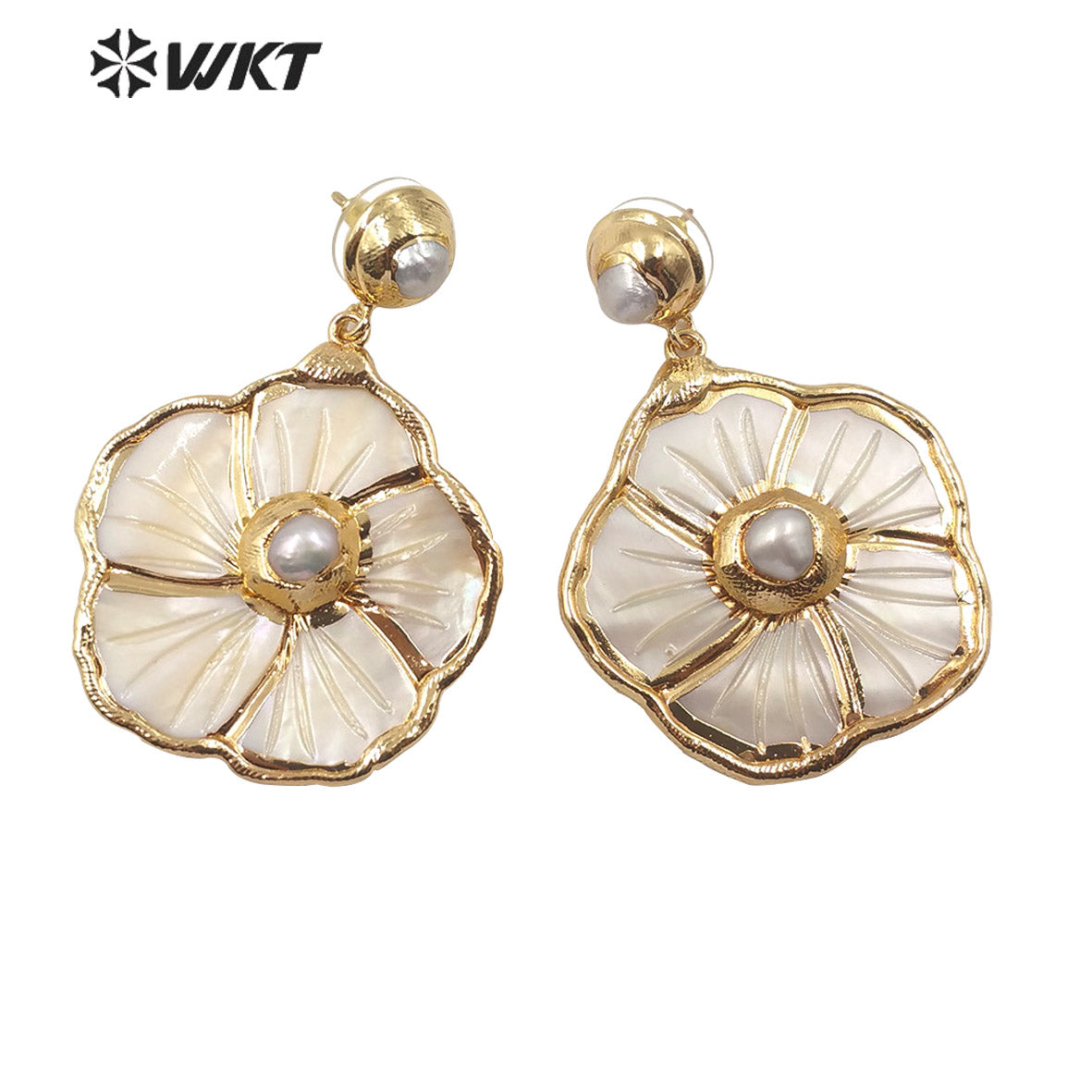 WT-E591 Wholesale Stylish White Flower Dangle Earring With Natural Pearl Charm Elegant Women Natural White Shell Earring