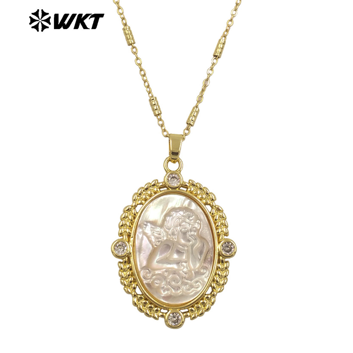 WT-JN273 Amazing 18K Real Gold Plated Resist Tarnishable Oval Shape Handmade Energy Shell Carved Angel Religious Necklace