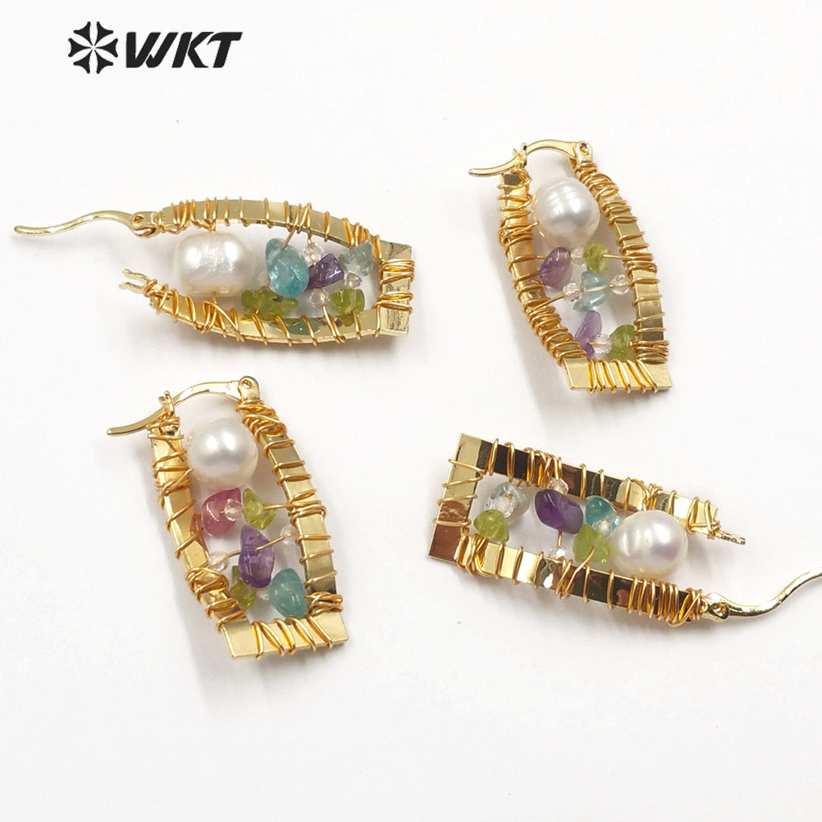 WT-E589 Long square Fashion Pearl Earrings in 18k Gold Plated Statement Lady Loved Stone Beads Wire Wrapped Earrings