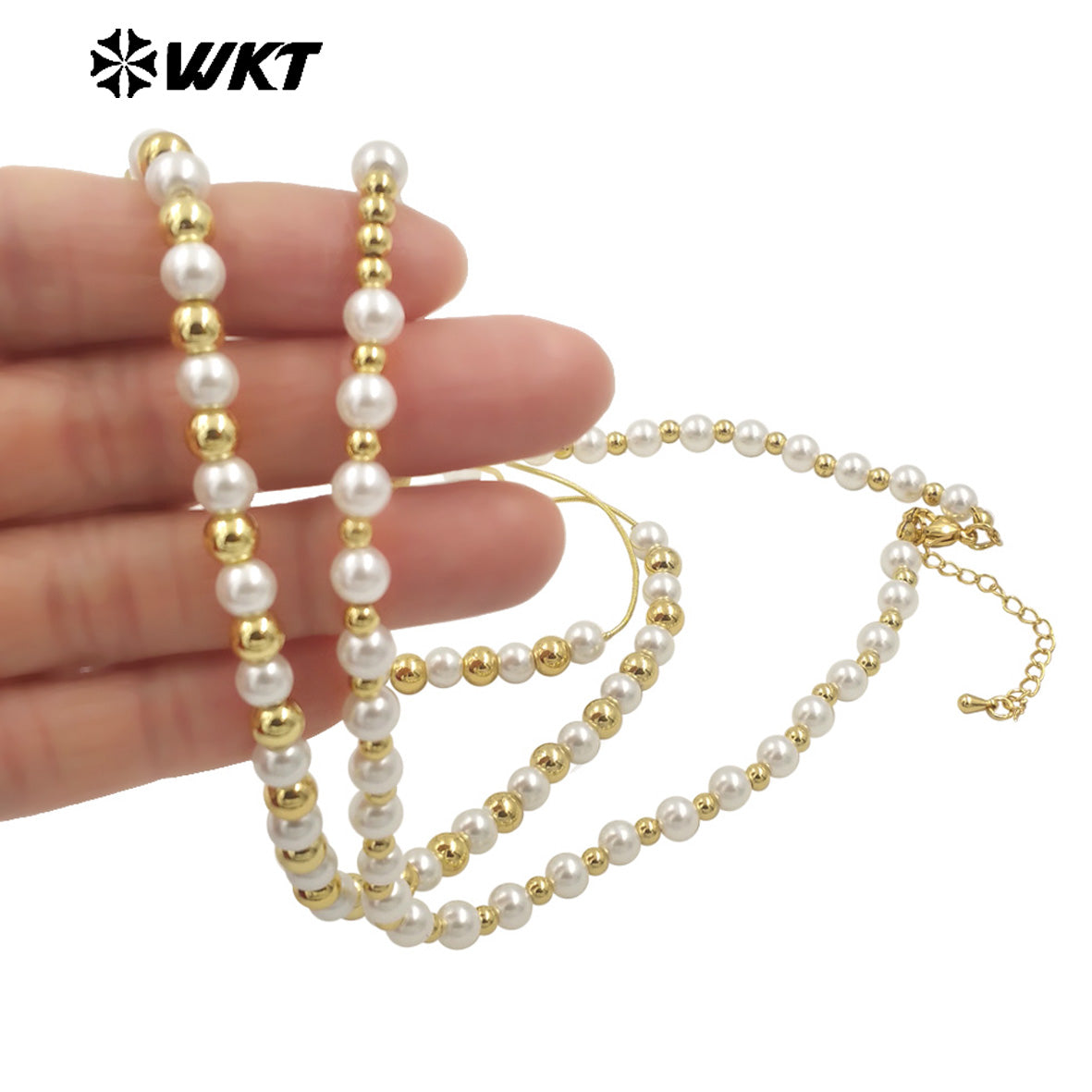 WT-JFN21 WKT 18 Inch Long 6mm Artificial Shell Pearl Space Beads Hand Strand Necklace in Real Gold Plated