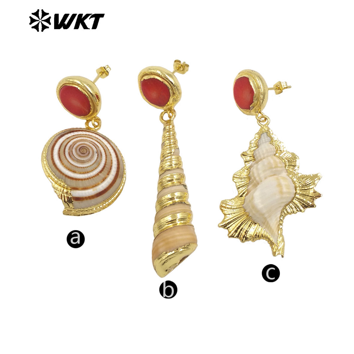WT-MPE140 New Arrivals Fashion Unique Design 18K Gold Plated Red Coral Shell Trumpet Earrings Jewelry for Women As Special Gift