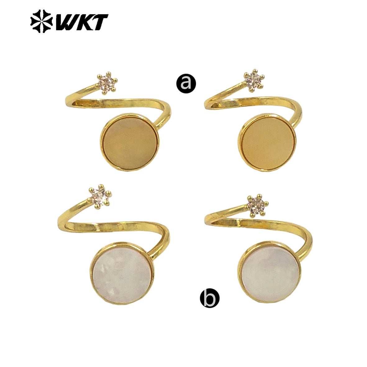 WT-MPR097 Wholesale Fashion Gold Plated Round Natural Shell Double Stone Jewelry Ring in 18K Brass Resist Tarnishable