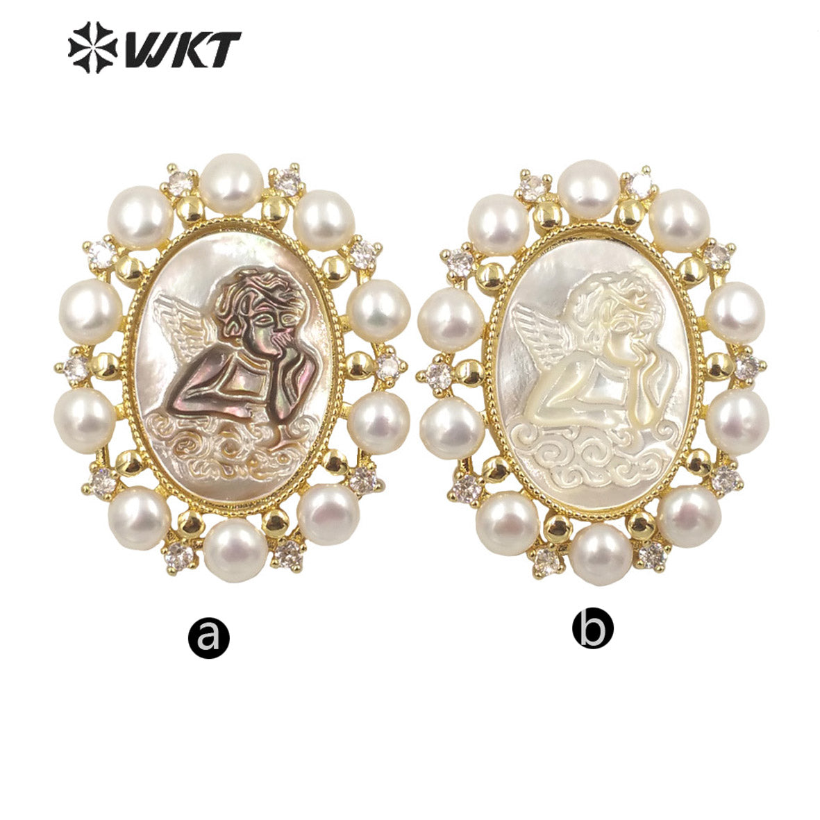 WT-JP278 New Gorgeous Fashion Gold Bezel Micro Pave CZ Setting White Pearl Angel Pendant Women Religious Christian Angel Shell