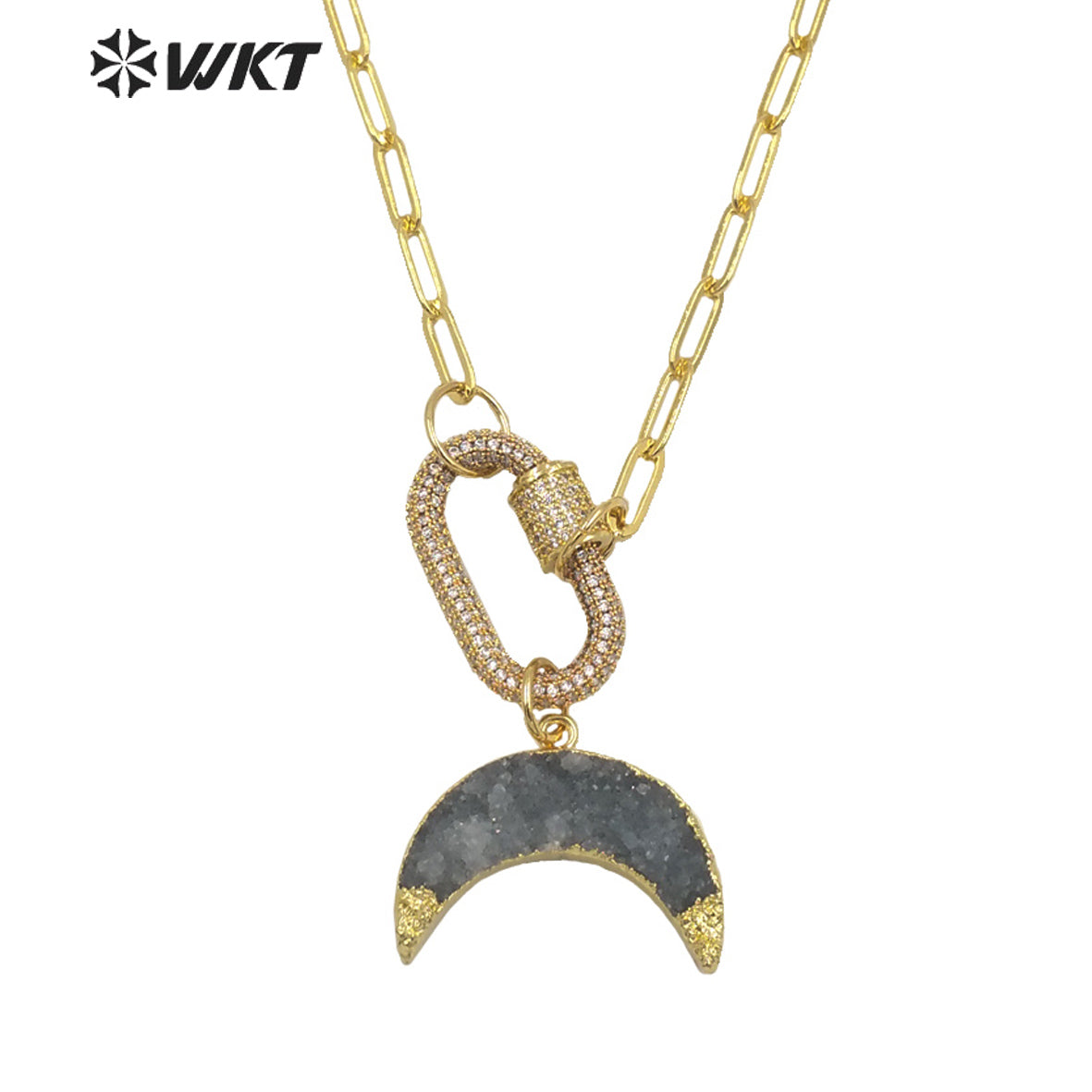 WT-N1302 WKT New Women Natural Druzy Quartz Gold Crescent Horn Pendant Necklace 18K CZ Clasp Connector Stone Crescent Necklace