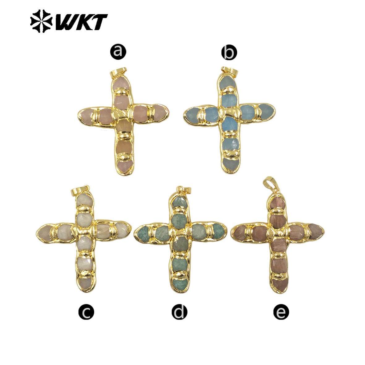 WT-P2005 Wholesale Beautiful Gemstone Religious Pendant Natural Rose Quartz With 18K Gold Plated Cross Shape for Necklace Making