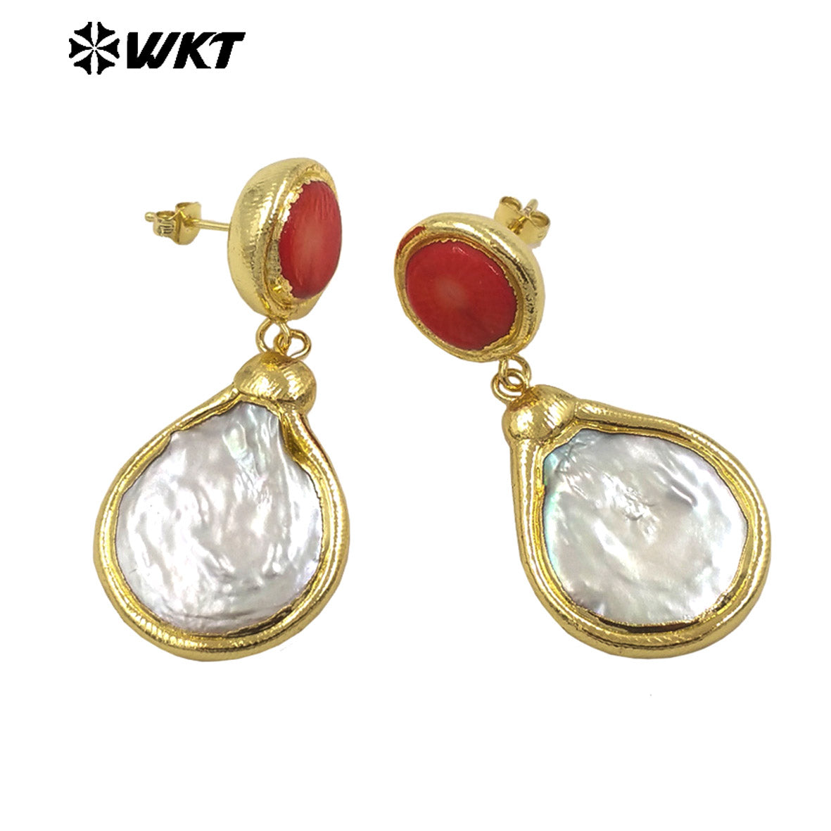 WT-MPE141 High Quality 18K Gold Plated Round Red Coral Water Drop Shaped Pearl Earring for Women As Daily Decorative Jewelry