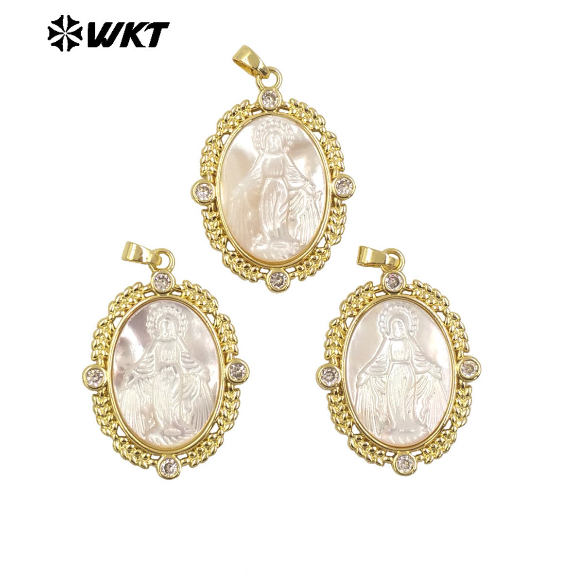 WT-JP368 Wholesale New Arrival Exclusive Fashion Gold Plated Religious Lady of Grace Guadalupe Shell Pendants in Bezel
