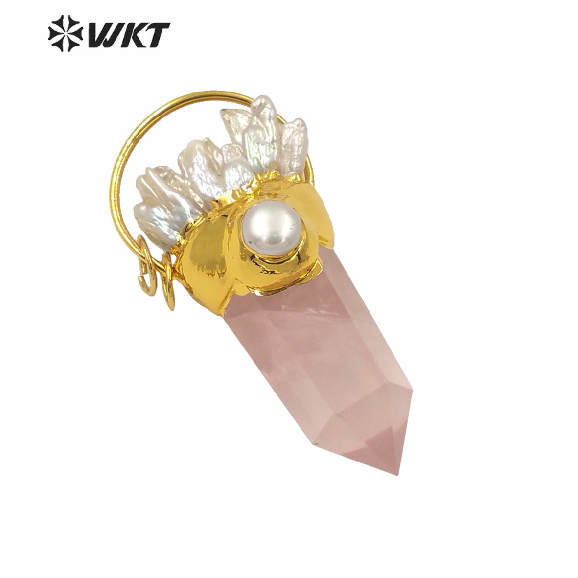 WT-P1587 WKT Amazing Big Natural Rose Quartz Spirit Point Pendant Women Fashion Pearl Charms PINK Quartz Pendant Jewelry