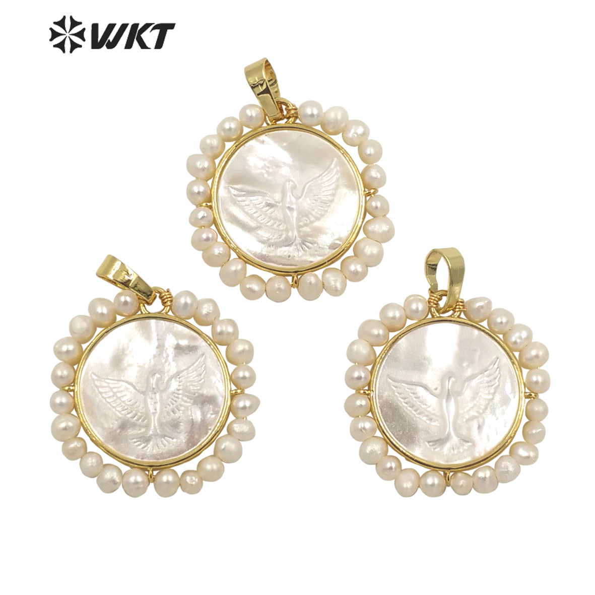 WT-JP263 Amazing WKT new design Gold bezel lucky white pearl pendant handmade wire wrapped round Peace pigeon pendant